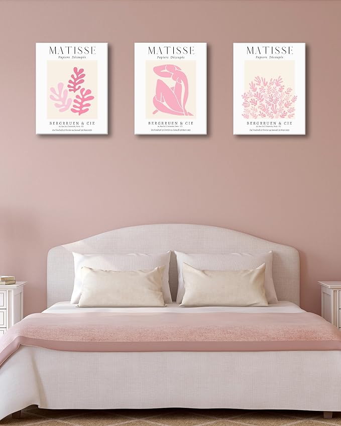 HesenDot Framed Matisse Pink Wall Art Set of 3,Minimalist Wall Decor,12x16IN Canvas Prints,Boho Cute Art Poster Home Decoration for Bathroom Bedroom