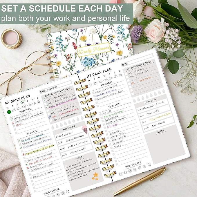 Daily Planner Undated - 6.5"x8.5" To Do List Notebook Spiral Appointment Planner to Organize Tasks & Boost Productivity, Perfect Office & School Supplies for Women & Men, Wildfloral