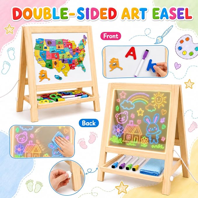 Magnetic Easel for Kids, Double-Sided LED Light Up Drawing Board Toddler | Wooden Tabletop Art Station with 7 Markers, US Map and Alphabet Number Magnets, Gift for Boys Girls 3-6