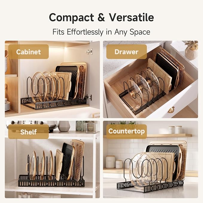 MUDEELA Pot Lid Organizer for Cabinet, Expandable Baking Pan Rack 12 Slots | 11.8–22.9" Expandable, 12 Adjustable Divider, Tool-Free Assembly, Non-Slip, Scratch-Proof, For Pan Lid Cutting Board Bakeware