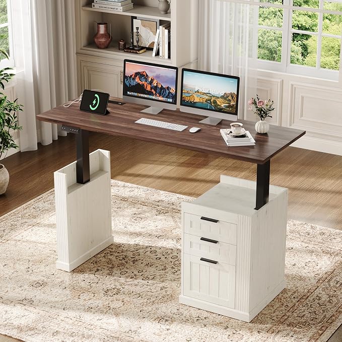 55" Electric Standing Desk with File Cabinet, Computer Desk Walnut&White | Height Adjustable Desk with 3 Drawers, Farmhouse Sit-stand Desks w/ Power Outlets, Home Office Stand up Desk for Work, Study