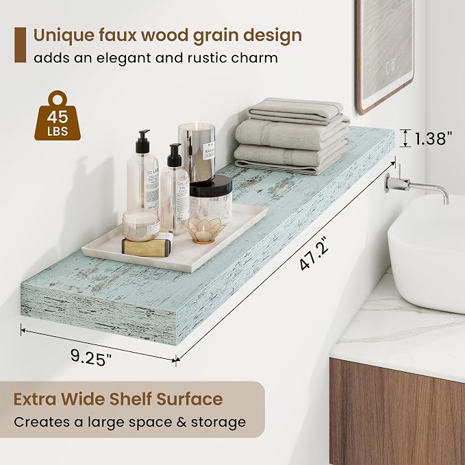 48in Floating Shelves for Wall, 48"W x 9.25"D x 1.25"H, 2 Pack Long Wall Mounted Engineered Wood Shelves with Invisible Brackets for Living Room, Bedroom, Bathroom, Kitchen Decor and Storage, Blue