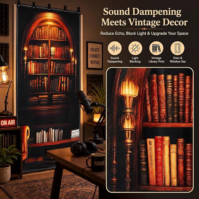 Tegeme Vintage Sound Dampening Blanket, Soundproof Curtain 80 x 48 Inch, Decorative Soundproof Blanket with Grommets for Windows, Doors, Studio Corners, Music Recording, Retro Bookshelf Printed