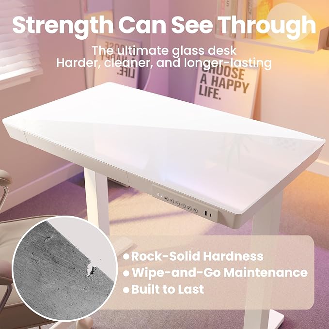 HUANUO Glass Standing Desk with Drawers, 48 X 24 Inch Electric Adjustable Height Desk, Quick Install One-Piece Tabletop with USB Charging Ports, White