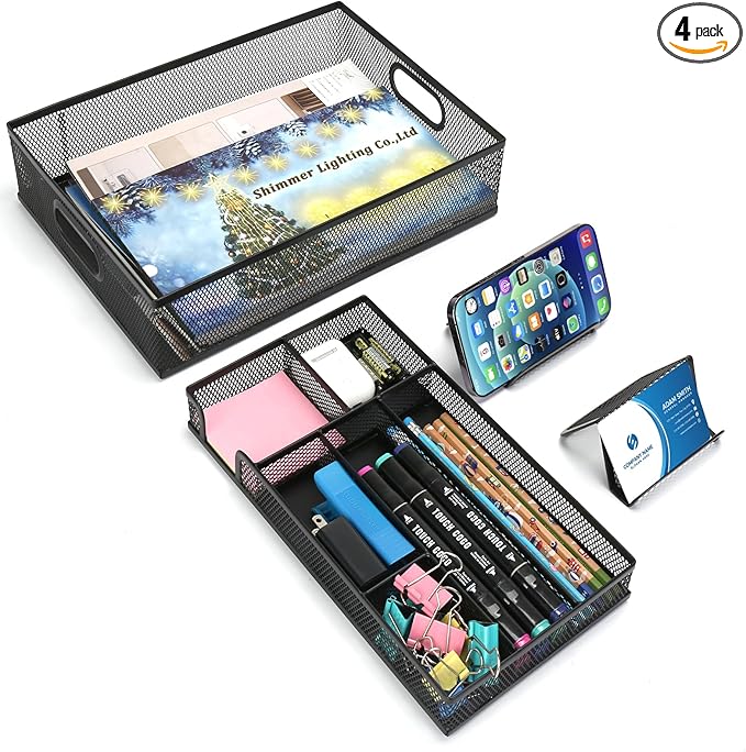Drawer Organizers, 3 Sets Metal Mesh Desk Drawer Organizer Trays, 2 Desktop Organizers with 2 Pcs Phone Brand Card Holders, Desk Drawer Box Tray for Office, Bathroom, Kitchen, Makeup, Vanity