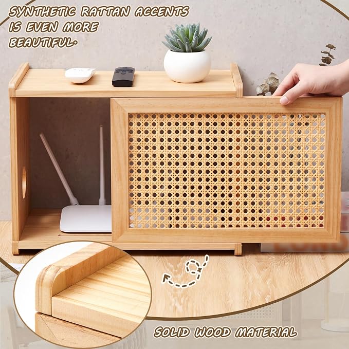 Wi-Fi Router Box Hider, Wi-Fi Router Storage Box with Synthetic Rattan Decor, Modem Cable Cover Organized, Power Strip Cable Hider Rack(Natural Wood Color,16 x 10.4 x 12 Inches,Wood)