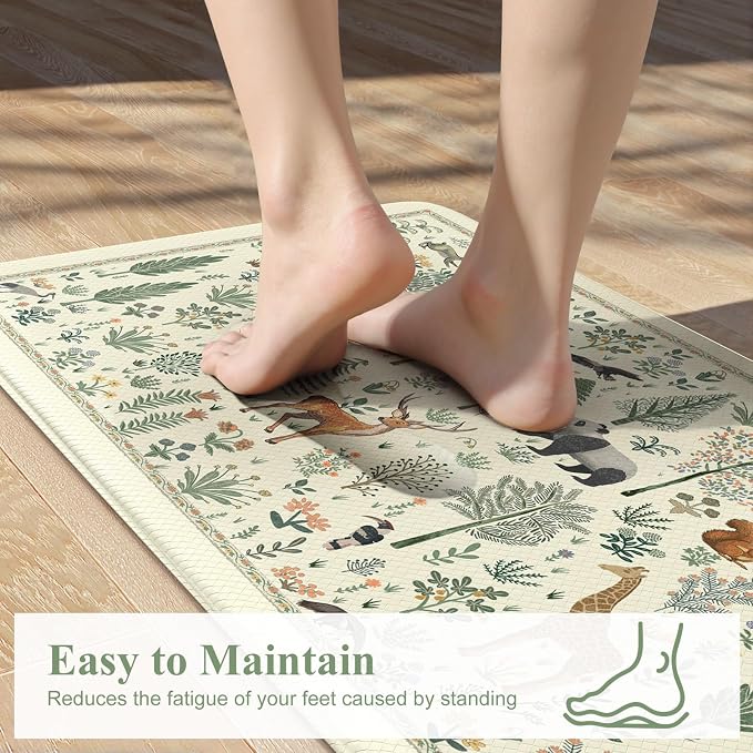 KIMODE Anti Fatigue Kitchen Mats for Floor,Cushioned Kitchen Rug Sets of 2 | Beige,Farmhouse Animal Forest Kitchen Rugs Non Slip,Memory Foam Padded Kitchen Standing Floor Mat for Laundry Sink Office