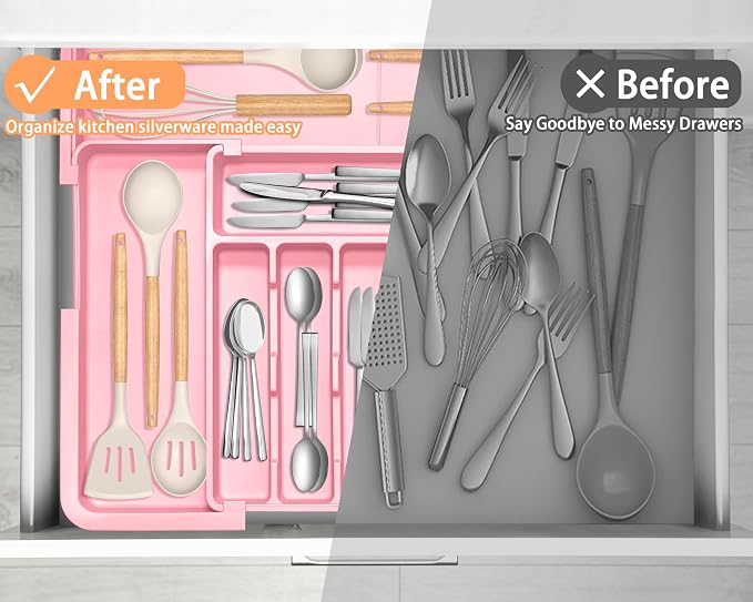 Spaclear Silverware Organizer Expandable Kitchen Utensil Drawer Organizer Large BPA Free Adjustable Cutlery Silverware Tray for Spoons Forks Knives Storage Divider for Kitchen Flatware 6-9 Slots Pink