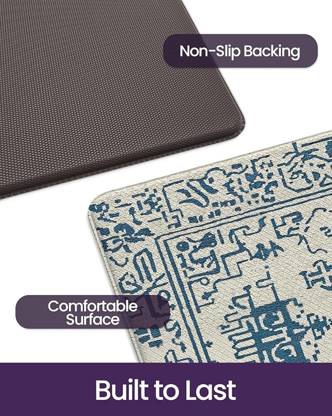 DEXI Kitchen Mats for Floor Cushioned, 23x86 Extra Large Wide Runner Rug Non Slip, Waterproof Soft Comfort Standing Padded Anti Fatigue Decorative, Blue and White