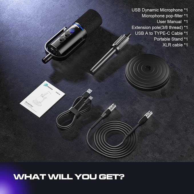 PUPGSIS Podcast Dynamic Microphone, XLR/USB Recording PC Microphones for Broadcast, Podcast, Recording, Gaming & Streaming, Studio Mic with Mute, Headphone Jack, Monitoring Volume Control, Windscreen