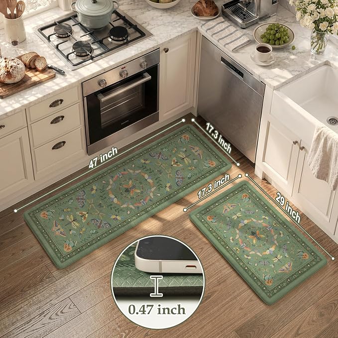 KIMODE Kitchen Mats for Floor Cushioned Anti Fatigue Kitchen Rugs Sets of 2 | 17 x29+17"x47", Sage Green,Vintage Butterfly,Non Slip Waterproof,Memory Foam,Standing Mats,for Laundry Sink Office Home Decor