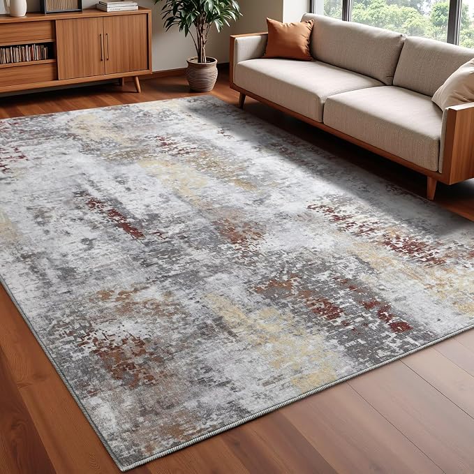 Macgace Washable Abstract Rug, 8x10 Modern Area Rugs with Non-Slip Rubber Backed for Living Room, Thin but Soft Contemporary Carpet Kitchen Bedroom Dining Room Decor, Rusty Brown