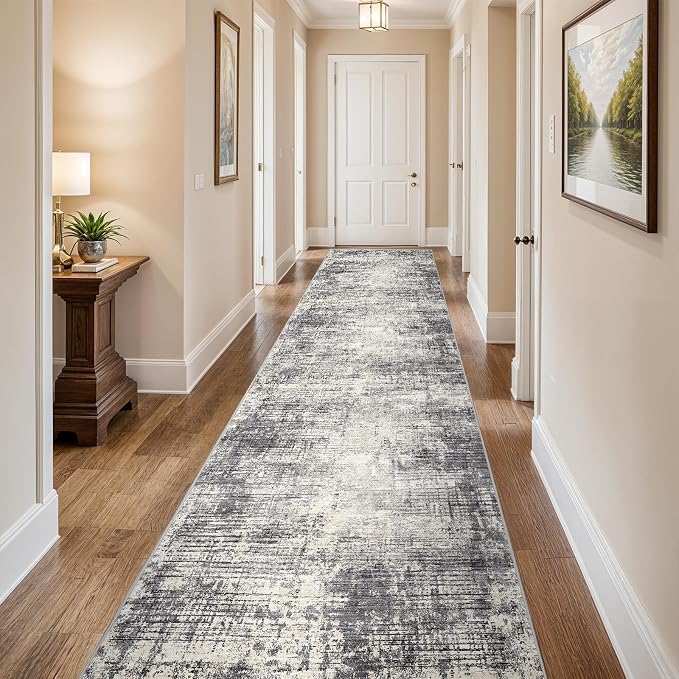 3x14 Hallway Washable Runner Rug - Non-Slip Kitchen Rugs with Rubber Backing Abstract Neutral Low-Pile Carpet Runners for Laundry Room Home Decor Bedroom Bathroom Entryway (Gray Beige,3x14)