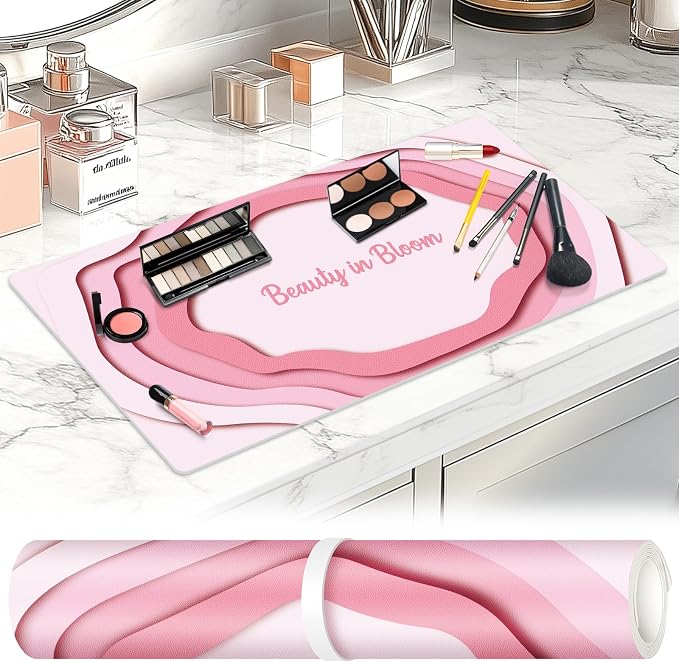 Dual-Sided Waterproof Synthetic Leather Makeup Mat for Desk, Makeup Station, Crafts, Multi-Use Scratch & Stain Resistant Surface Protector Pad for Vanity, Desktop, Craft Table (Simple)