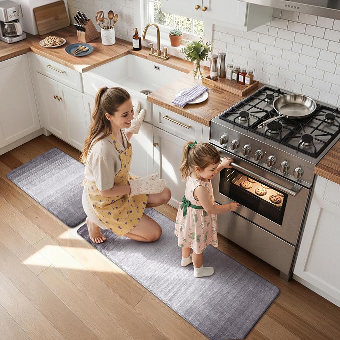 KIMODE Anti Fatigue Kitchen Mats for Floor,Gradient Grey Purple Kitchen Rug | Kitchen Rugs Sets of 2,Cushioned Kitchen Floor Mats, Comfort Laundry Rug, Paded Standing Mat for Bath Sink 17"x47"+17"x29"