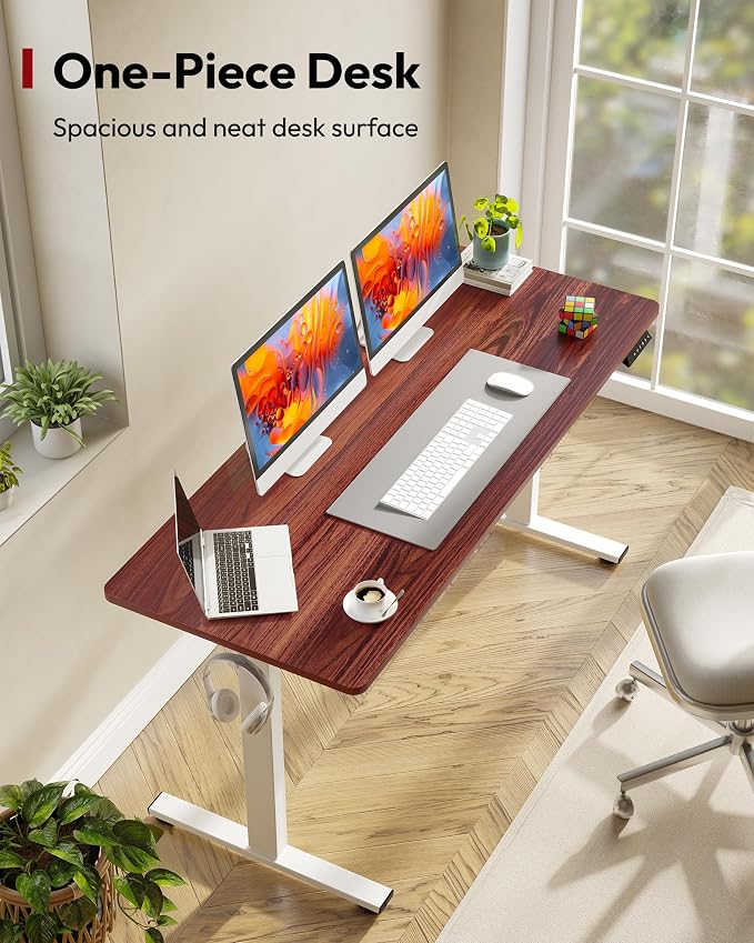 SANODESK One-Piece Electric Standing Desk, Seamless 60 x 24'' Ergonomic Height Adjustable Sit Stand Desk with Memory Presets for Home Office Computer Workstation, White Frame/Mahogany Top