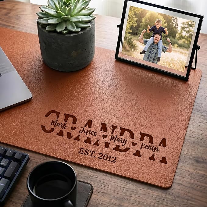 Personalized Leather Desk Mat for Dad, Engraved Kids Name Large Mouse Pad, Non-Slip PU Leather Blotter, Fathers Day Desk Mat