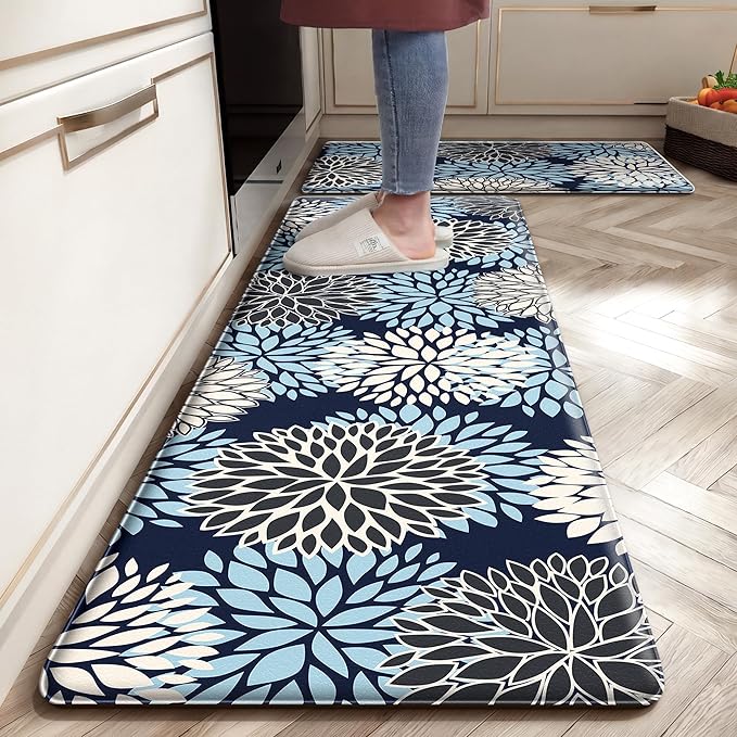 Kitchen Mats Set of 2 Cushioned Anti Fatigue Kitchen Rugs Non Slip Waterproof Runner Memory Foam Kitchen Floor Mat Comfort Standing Mat for Sink, Office, Laundry, Navy Blue