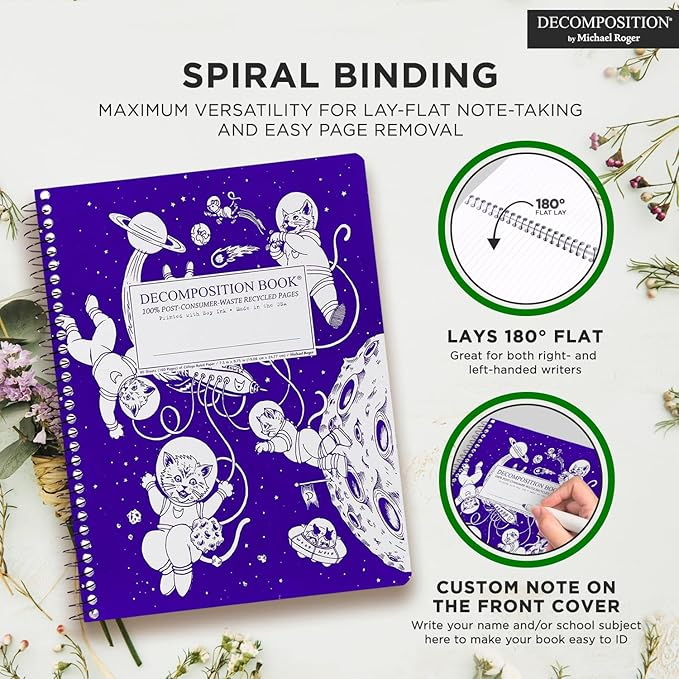 Decomposition Kittens in Space College Ruled Spiral Notebook - 9.75 x 7.5 Journal with 160 Lined Pages - 100% Recycled Paper - Cute Notebooks for School Supplies, Home & Office - Made in USA