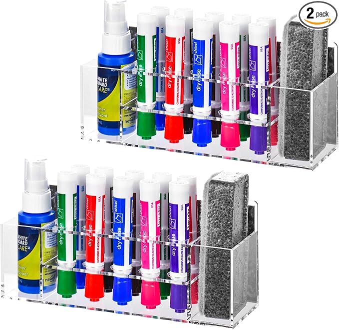 Acrylic Magnetic Dry Erase Marker Holder, 10 Slots Clear Magnetic Marker Pen Holder, 2PCS Magnet Storage for Whiteboard, Desk Locker Organizer Accessories, Office, Classroom, Home