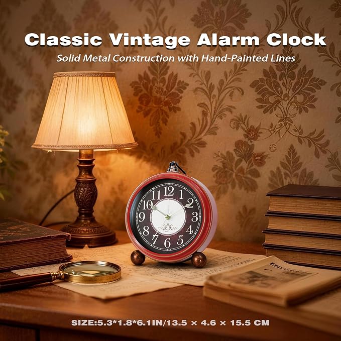 AYRELY® 5.3" Vintage Metal Analog Alarm Clock, Retro Desk and Table Clock | Antique Battery Operated Clock with Light, Elegant Bedside Gift for Bedrooms, Living Rooms, Shellf and Home Decor (Red-Black)