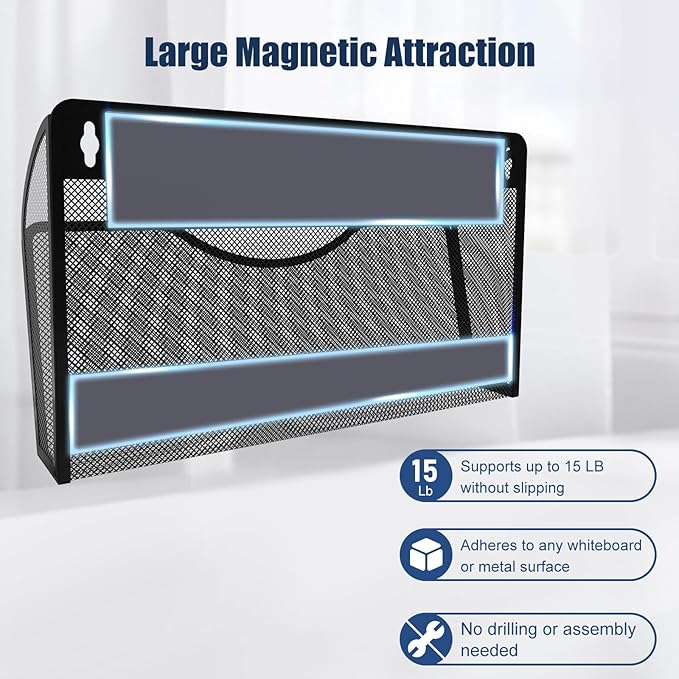 Magnetic File Holder 4 Pockets File Folder Organizer, Office Hanging Magazine Rack for File Cabinets, Magnetic Paper Holder, No Drilling Mail Organizer for Refrigerator, Office