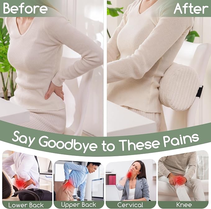HIGOGOGO Lumbar Roll Lumbar Support Pillow for Office Chairs, Cars, and Gaming Chairs, Back Cushion with Washable Cover & Adjustable Strap to Relieve Back Pain and Improve Posture, 15"x6"x5", Beige