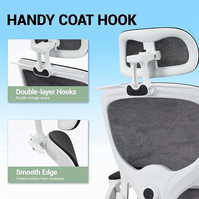 Ergonomic Office Chair with Flip-up Arms, White | Home Desk Chair w/ Coat Hook, Adjustable Headrest and Lumber Support, Mesh Computer Gaming Chair, 330 LBS