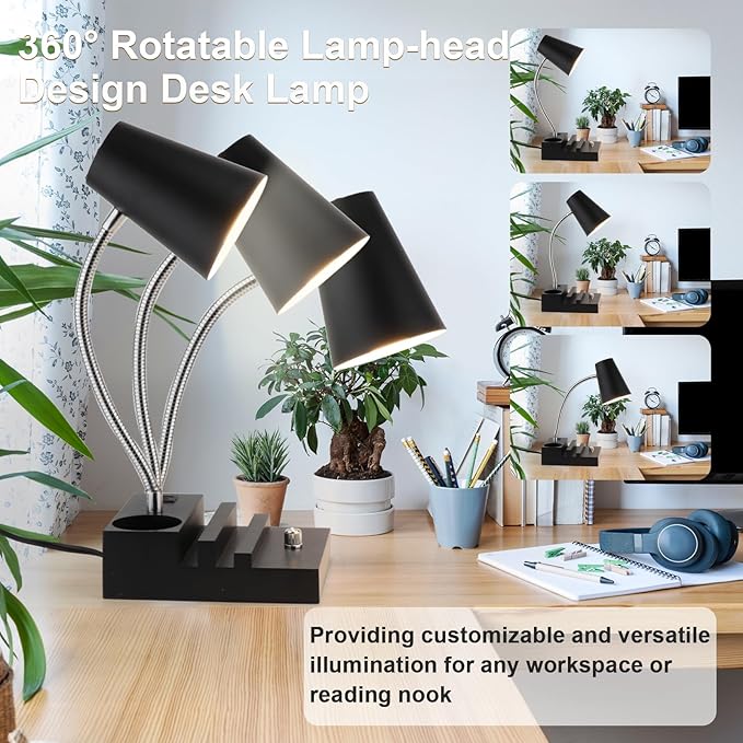 Study Desk Lamp with USB Charging and Type-C Night Light, Gooseneck LED Table Lamp Stepless Dimming Study Table Lamp with Pen Holder for College Dorm Bedroom and Office (Black)