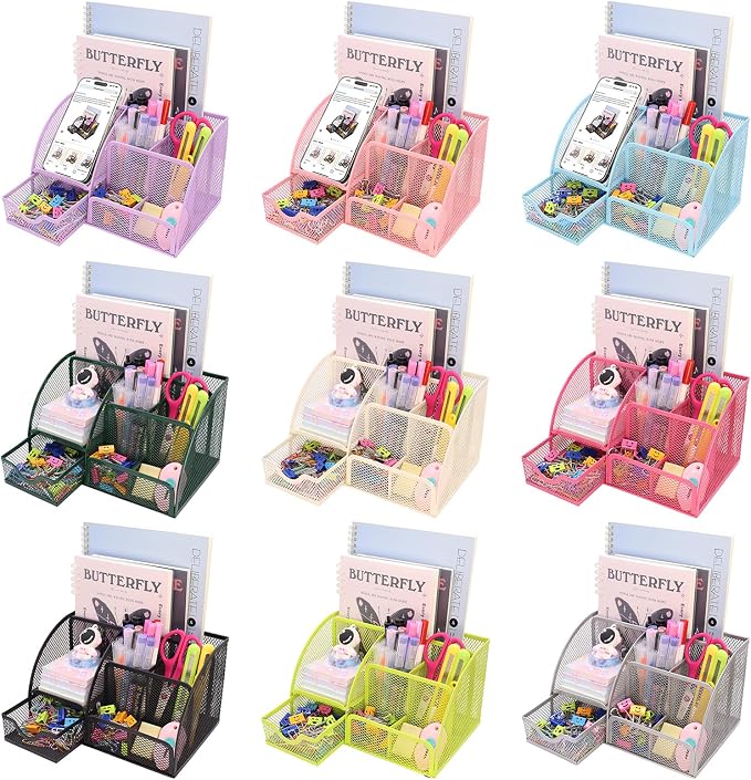 Boutilon Mesh Desk Organizer Desktop Office Supplies Stationary Organizer with 6 Compartments and 1 Drawer Multi-Functional Caddy Pen Holder for Home Office School Desk Decor(Black)