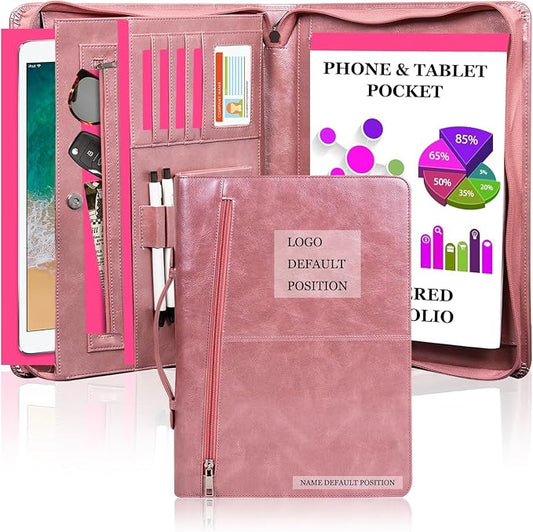 AZXCG Personalized Leather Portfolio,Free Engraved Name,Padfolio for Women Organizer with Zippered, A4 Notepad Holder, Portfolio with Handle,Business Portfolio with A4 Writing Pad,Gift for Men&Women