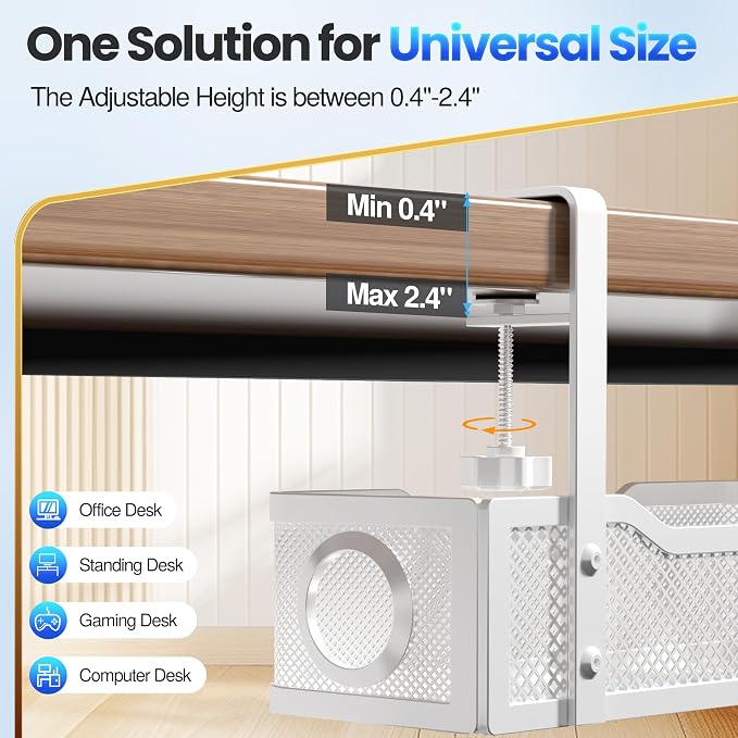 Cable Management Under Desk Tray, No Drill Cable Management Box with Clamp for Wire Organization, Cord Organizer for Office, Home - No Damage to Desk (White)