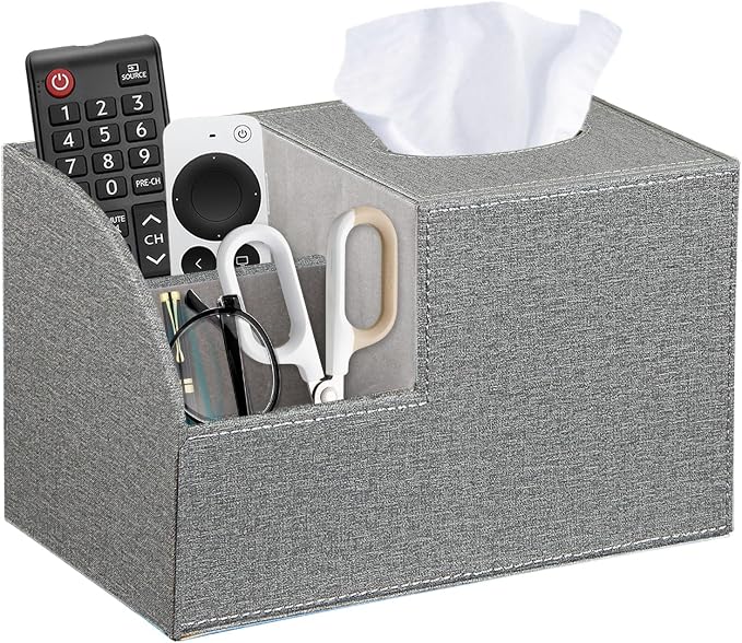 Square Tissue Box Cover with Storage, PU Leather Cube Tissue Box Holder, Remote Control Nightstand Organizer, Modern Desk Caddy for End Table, Bathroom, Bedroom, Home, Office Decor(Grey) | TV Remote Control Holder, Desk Accessories Nightstand Organizer...