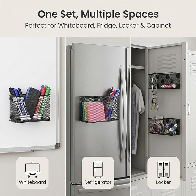 Neudeco Magnetic Locker Shelf Organizer, Black, Pack of 3 | Pencil Holder, Metal Storage Basket, For Whiteboard & Refrigerator, Ideal for School