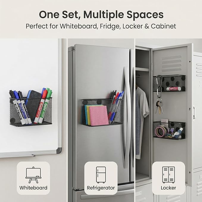 Neudeco Magnetic Locker Organizer, Wire Mesh Storage Basket, Black, 6-Pack | Strong Magnet, Pen Holder for Dry Erase Markers, For Fridge School
