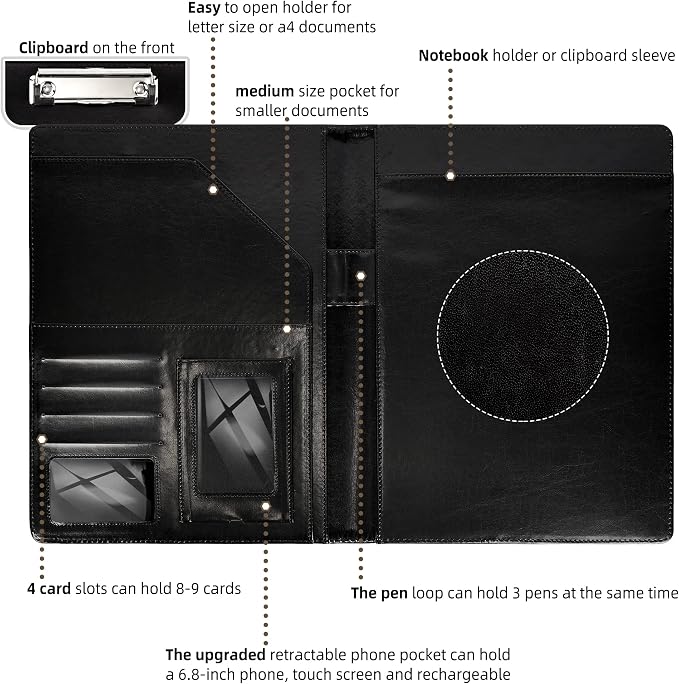 Leather Portfolio for Men Clipboard Notepad Business Black Padfolio Flexible Portfolios