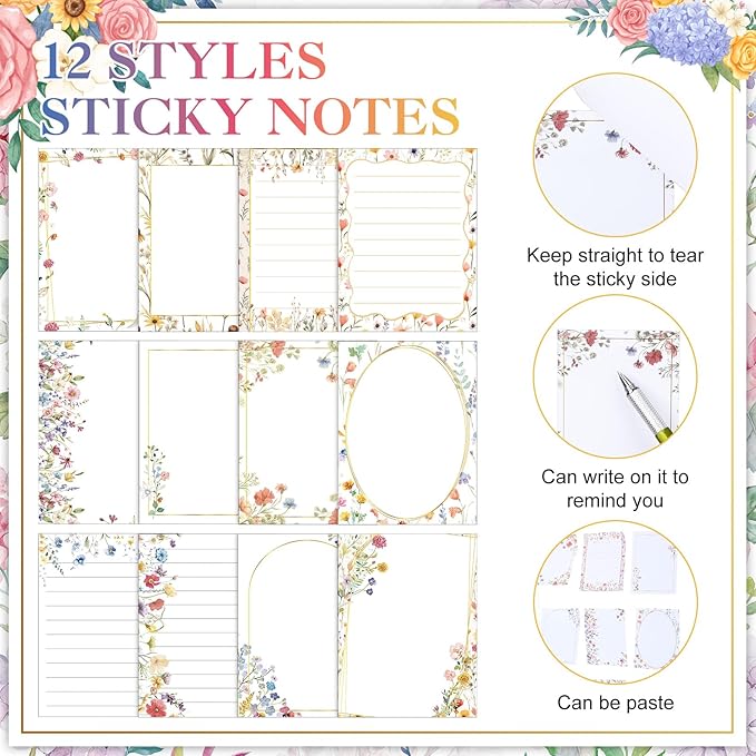 12 Pads Wildflower Sticky Notes Flower Sticky Notes 3 x 4 Inches Colored Adhesive Memo Reminder Decor Vintage Wild Floral Memo Pads Flower Notepads for Journal Office Birthday Gifts