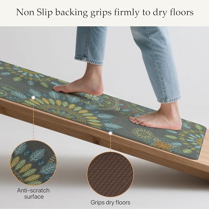 GENIMO Anti Fatigue Kitchen Mats for Floor 2PCS, Cushioned Standing Mats | 17.3"x47"&17.3"x30", Olive Green vintage floral rug set, waterproof, non slip, easy-clean for farmhouse