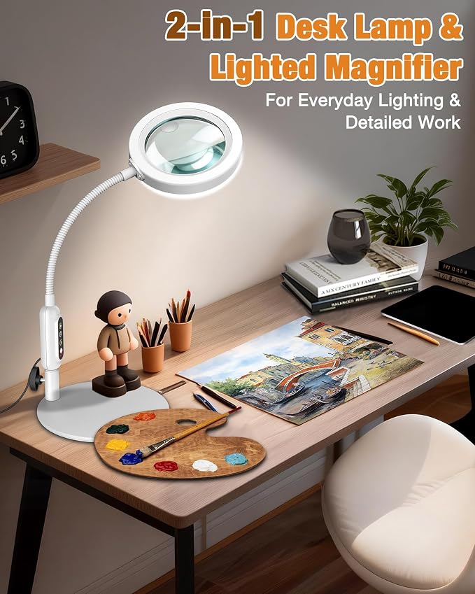 Magnifying Glass with Light and Stand, 5 Color Modes Stepless Dimmable, Optical Grade HD Lens, LED Lighted Magnifier Hands Free with 16in Flexible Gooseneck for Close Work - White