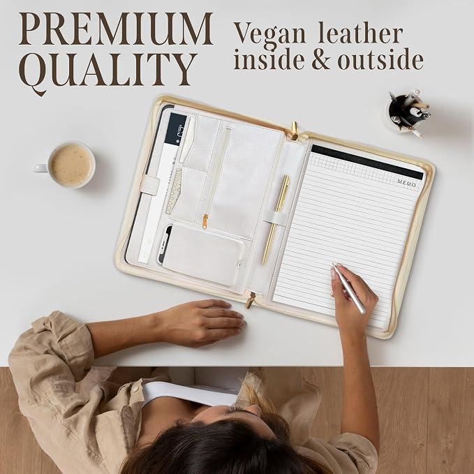 Padfolio for Women, PU Leather Zipper Binder, Beige Portfolio Organizer A4, Design Zipper Padfolio, Aesthetic Portfolio Binder, Portfolio for Ipad or Laptop, Organizer Case, Folder Organizer