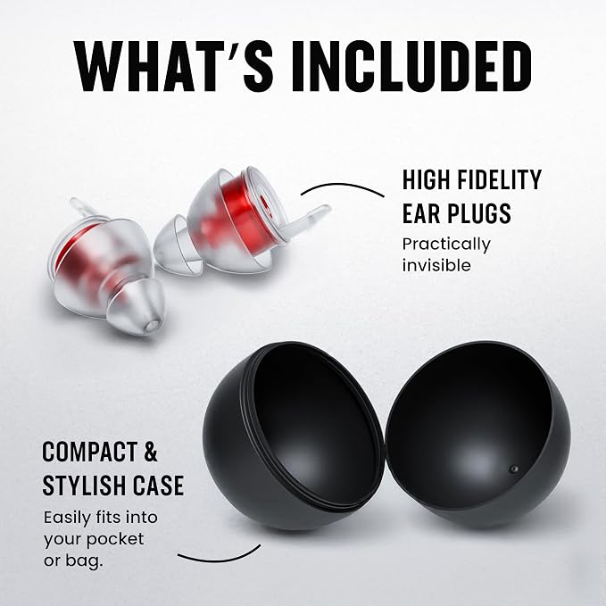 Plugz Red Lightweight Ear Plugs Noise Cancelling - Invisible, Easy to Wear Music Ear Plugs, All-Day Comfort for Up to 23dB Noise Reduction, One Pair Clear Earplugs in Sleek Portable Case