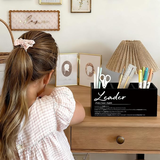 Leader Gifts Pen Pencil Holder for Desk, Thank You Appreciation Gifts for Leaders Boss Manager, Leadership Gift Wooden Box Sign Decorations for Office Workplace Desk Tabletop