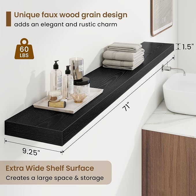 Marsmiles 55in Floating Shelves for Wall, 72" W x 9.25" D x 1.5" H, Long Wall Mounted Engineered Wood Shelves with Invisible Brackets for Living Room, Bedroom, Bathroom, Kitchen, Black, 2Pcs