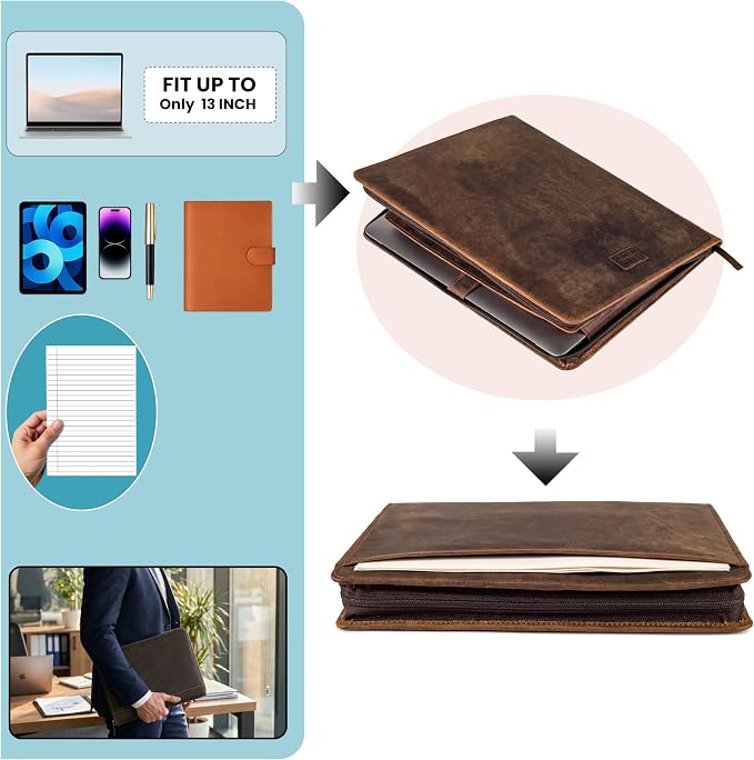 LEATHER VILLAGE Leather Portfolio Organizer - Professional Business Padfolio for Men & Women - Stylish Document Card Holder, Folio for A4/Letter Size Writing Legal Pad, Brown