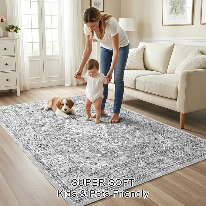 Grey Washable Vintage Non Slip Area Rug, 8x10 Boho Floral Living Room Rugs, Soft Low Pile Indoor Mat, Aesthetic Pattern Carpet for Bedroom Kitchen and Dining Room