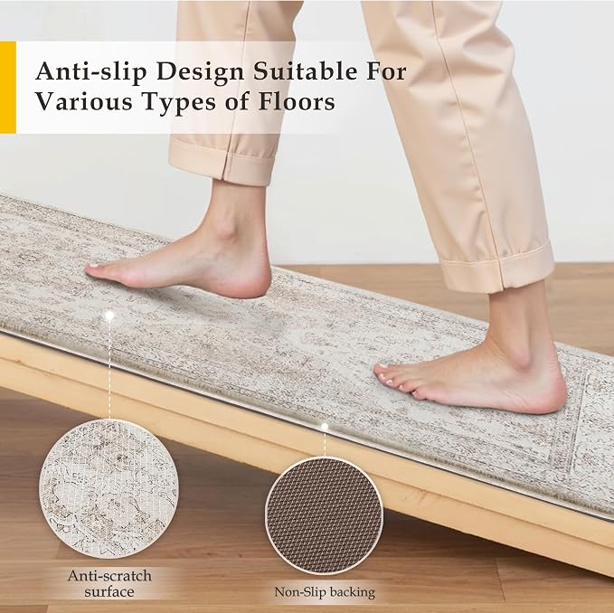 PureCozy Kitchen Mats for Floor Anti Fatigue Cushioned Beige Vintage Kitchen Mats Waterproof Non Slip Comfort Standing Oriental Medallion Rug for Sink Laundry Office Bathroom 17.3"x30"