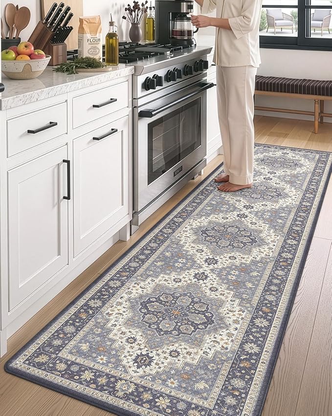 DEXI Kitchen Floor Mats Anti Fatigue, 23x59 Large Long Cushioned Vintage Runner Rug Waterproof, Standing Comfort Memory Foam Padded for Front Sink Laundry Office, Dark Grey