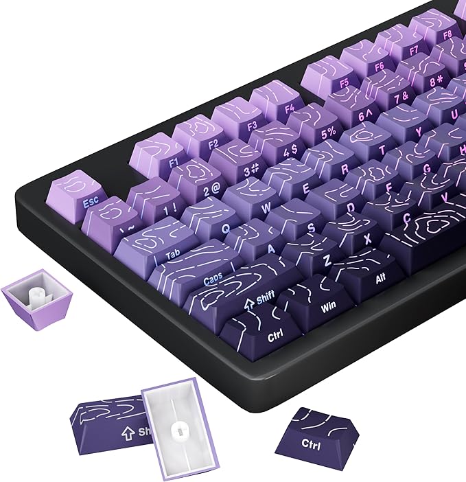 FunHub Shine Through PBT Keycaps - Purple Gradient Topographic Backlit Keycaps Set 133 Keys 60 65 75 100 Percent Cherry Profile,Side Printed Double Shot RGB Key Caps for MX Switches Gaming Keyboard