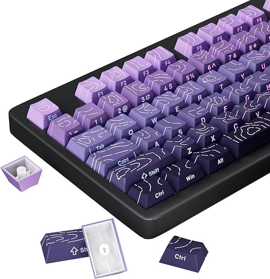 FunHub Shine Through PBT Keycaps - Purple Gradient Topographic Backlit Keycaps Set 133 Keys 60 65 75 100 Percent Cherry Profile,Side Printed Double Shot RGB Key Caps for MX Switches Gaming Keyboard