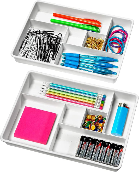 Madesmart Set of 2 Plastic 6-Compartment Drawer Organizer Gadget Trays, Multipurpose Storage Bins for Drawers, White